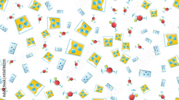 Obraz Endless seamless pattern of beautiful glass glasses with tasty alcoholic cocktails with ice and straws with lemons and beer for a party on a white background. Vector illustration