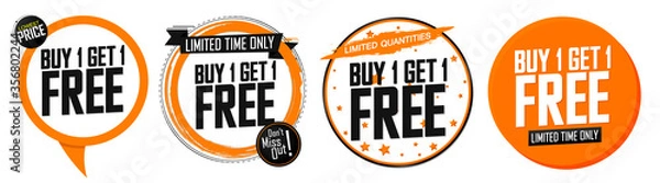 Obraz Set Buy 1 Get 1 Free tags, sale banners design template, discount badge collection, app icons, vector illustration