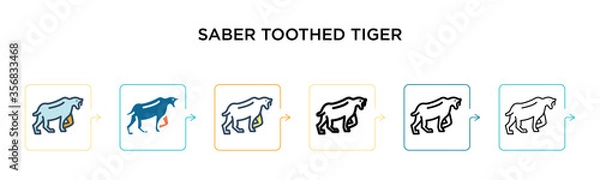 Fototapeta Saber toothed tiger vector icon in 6 different modern styles. Black, two colored saber toothed tiger icons designed in filled, outline, line and stroke style. Vector illustration can be used for web,