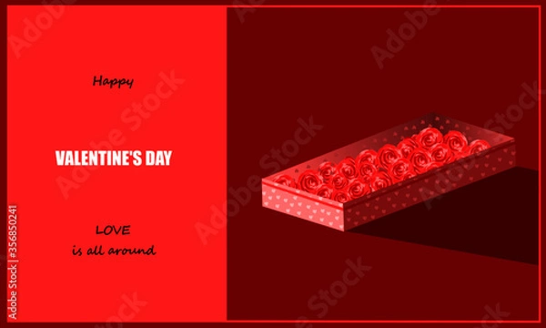 Obraz Valentine’s day love greeting card/Love is all around with pink roses in the box with heart pattern on box. For Valentines, Mother’s, Birthday or Wedding. Cover banner, template, event, postcard.