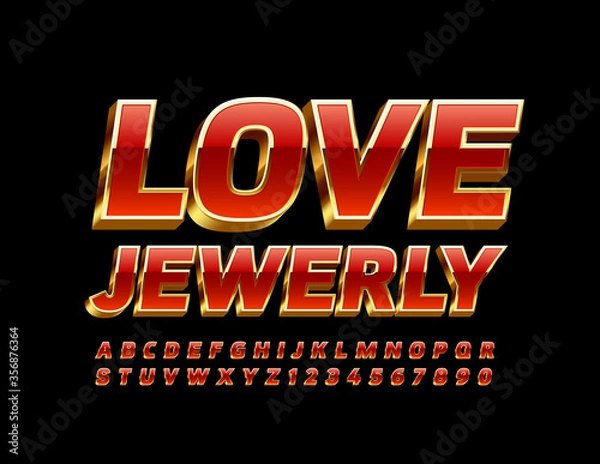 Fototapeta Vector luxury sign Love Jewerly with 3D Gold and Red Font. Glamour Alphabet Letters and Numbers