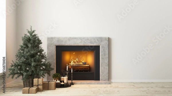 Fototapeta Modern white living room with simple Christmas tree decoration and fireplace - 3D rendering