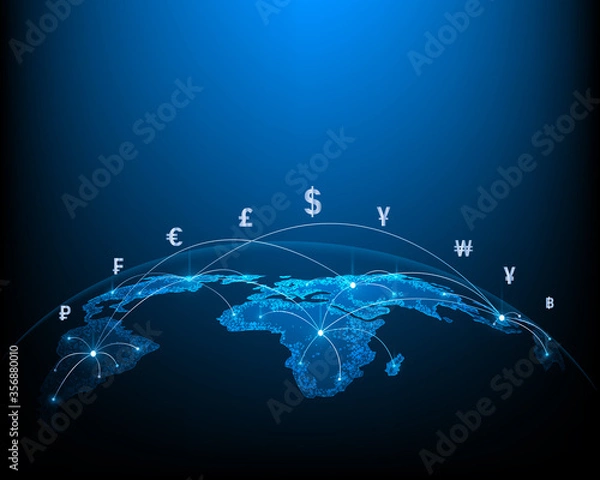 Fototapeta Concept netwok of monney transfers and currency exchanges between countries of the world