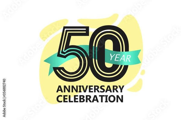 Fototapeta 50 year anniversary, minimalist logo. jubilee, greeting card. Birthday invitation. year sign. Blue Ribbon space vector illustration on white background - Vector