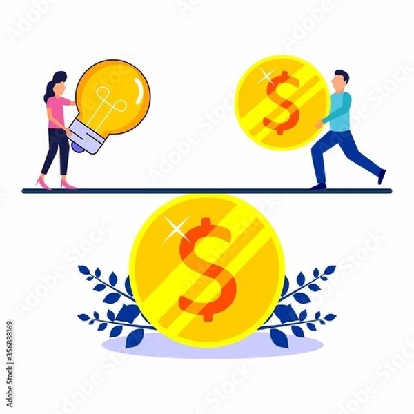 Fototapeta A vector illustration of 2 business people lifting koiun and bulb on a balanced balance sheet, achieving profits, results with good ideas.