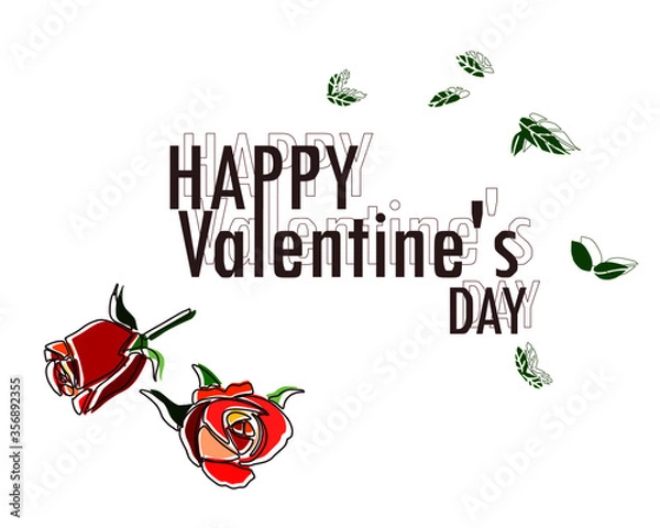 Obraz Handwritten of rose flower line and lead art with colorful and text art design on white background for Valentine’s Day greeting card cover to template, banner, card, icon, logo, sign, event.