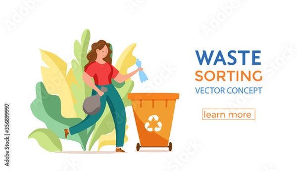 Obraz Young woman throwing plastic garbage into containers vector illustration.