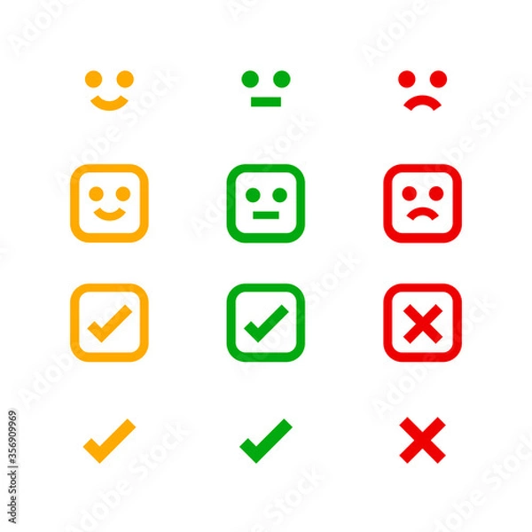 Fototapeta icon emotions face, emotional symbol and approval check sign button, emotions faces and checkmark x or confirm and deny, button checkbox flat for apps, faces icons and checkmark choice for checklist