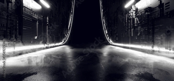 Fototapeta Smoke Fog Cyber Virtual |White Schematic Textured Corridor Laser Neon Glowing Sci Fi Futuristic Warehouse Grunge Concrete Stage Room Garage Underground Alien Spaceship Background  Synth 3D Rendering