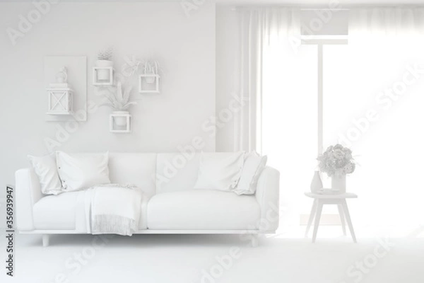 Fototapeta White minimalist living room with sofa. Scandinavian interior design. 3D illustration