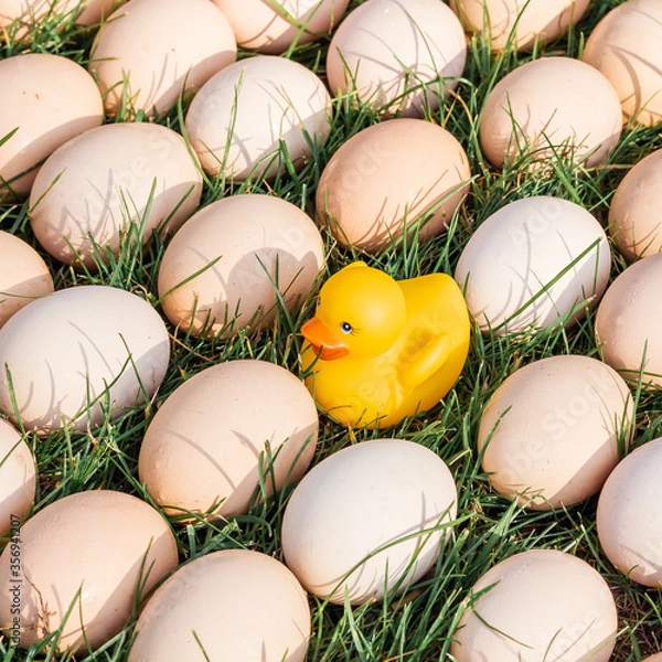 Fototapeta Conceptual photos of fresh organic natural eggs on a lawn green grass close up and a yellow rubber duck for swimming. Creative food photography. Top view.
