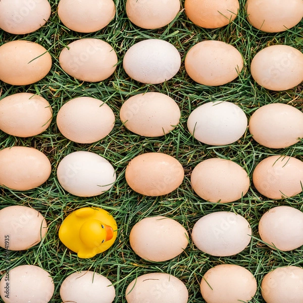 Fototapeta Conceptual photos of fresh organic natural eggs on a lawn green grass close up and a yellow rubber duck for swimming. Creative food photography. Top view.