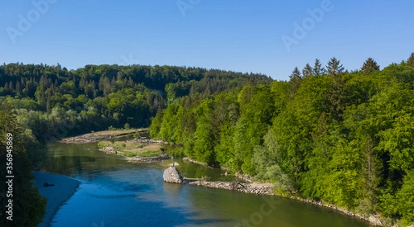 Fototapeta Bird view of Isar river near Baierbrunn with forest around. Typical alpine landscape.