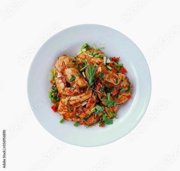 Fototapeta Stir Fried Prawns with Salt,garlic and Chili in white dish on white background, isolated​