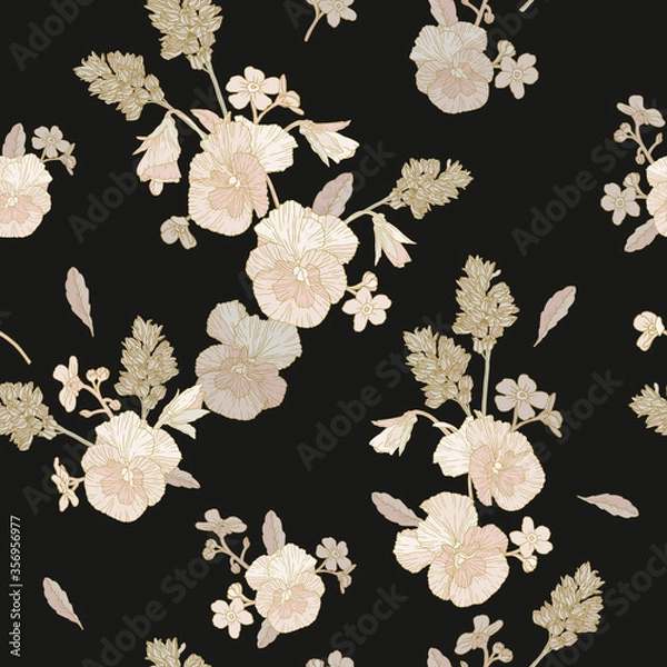 Fototapeta Vector floral seamless pattern with beige pansies, and forget me not flowers on black background