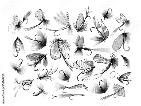 Obraz Fly fishing flies - various kinds: wet, dry, sinking, floating, streamers, nymphs and others - big collection of fishing lures - black and white vector illustration isolated on white background