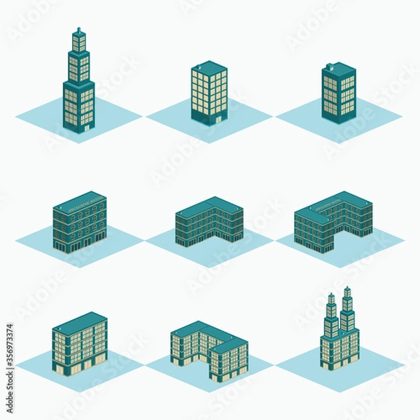 Obraz luxury hotel, twin tower, u shape building, mall, super market vector design - isometric construction building set