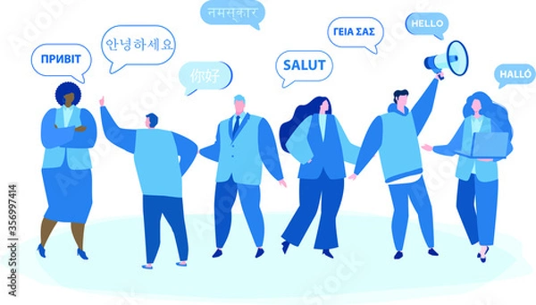 Fototapeta Business people chatting in foreign languages. Vector illustration for web banner, infographics, mobile. designers, project managers collaborate on software project objectives. 