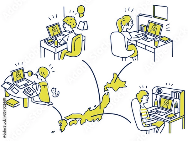 Fototapeta 日本全国各地でリモートで会話する若者