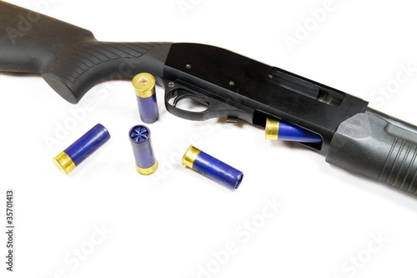 Obraz Shotgun rifle partial with some shells on white