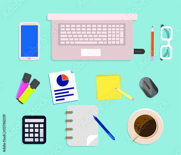 Fototapeta Office desk flat lay vector illustration. Set of flat vector design illustration of modern business office and workspace. Top view of desk background with laptop, digital devices and notepad