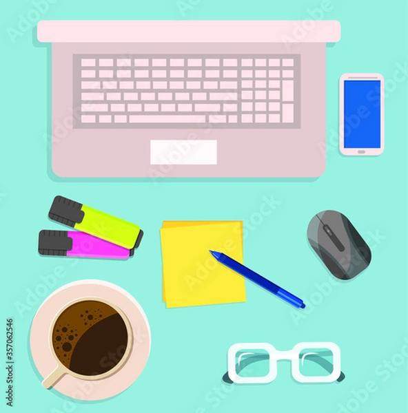 Fototapeta Office desk flat lay vector illustration. Set of flat vector design illustration of modern business office and workspace. Top view of desk background with laptop, digital devices and notepad