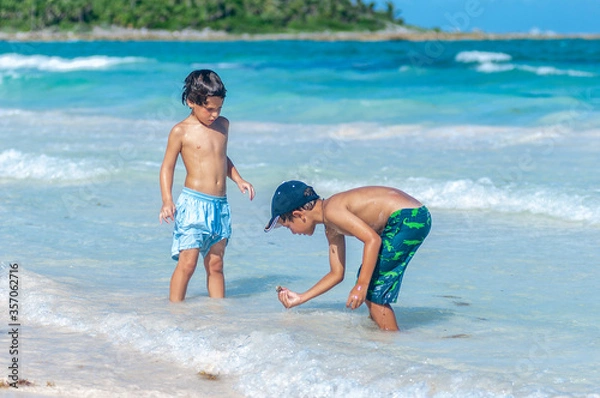 Obraz Niños buscan cangrejoes en playa, vacaciones de verano