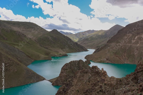 Fototapeta Mountain holy lake in Tibet view from the highway on the way from Lhasa to Kailash, Tibet, Asia