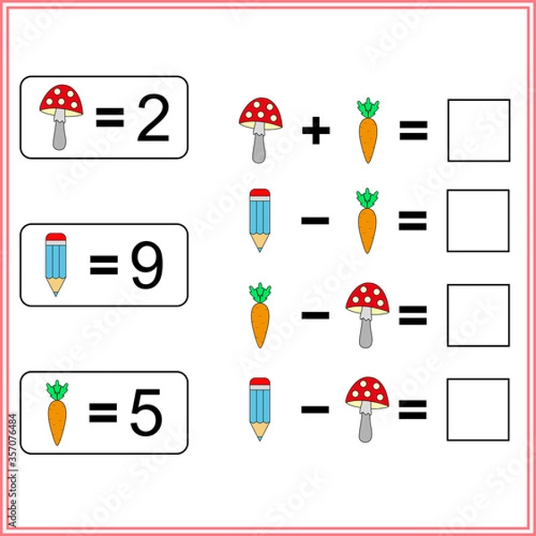 Fototapeta Worksheet. Mathematical puzzle game. Learning mathematics, tasks for addition  for preschool  children. worksheet for preschool kids - vector