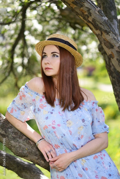 Fototapeta A beautiful girl in a blue dress and a straw hat stands near a blooming white Apple tree close up in summer