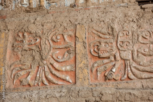 Fototapeta Artistic details in archaeological ruins of the pyramids of the sun and the moon