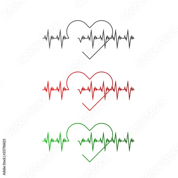 Fototapeta Heartbeat cardiogram or cardiograph. Vector electrocardiogram icon set. Heart rate. EKG or ECG test. Heart beat graph. Isolated graphic illustration. red and green.