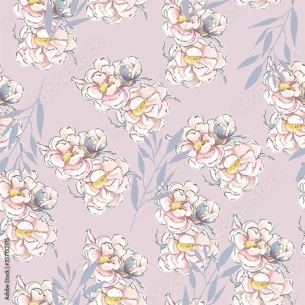Fototapeta Flowers seamless pattern of peonies on a purple background. for fabrics and textiles