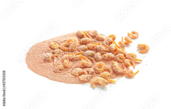 Fototapeta Closeup of dried shrimps and ground shrimps isolated on white background
