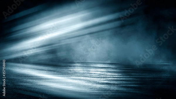 Fototapeta Dark dramatic abstract scene background. Neon glow reflected on the pavement. Smoke, smog and fog. Dark street, wet asphalt, reflections of rays in the water. Abstract dark blue background. 