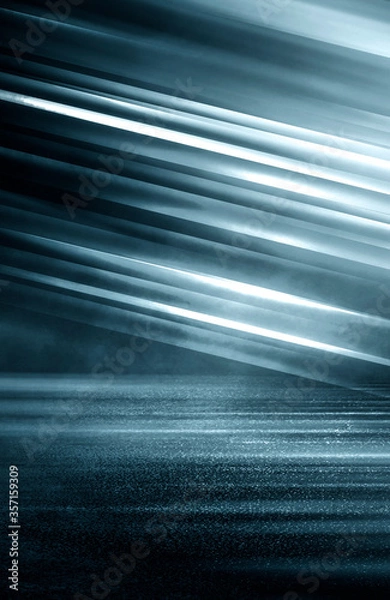 Fototapeta Dark dramatic abstract scene background. Neon glow reflected on the pavement. Smoke, smog and fog. Dark street, wet asphalt, reflections of rays in the water. Abstract dark blue background. 
