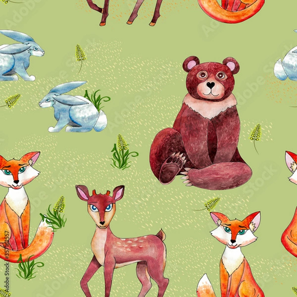 Fototapeta Seamless pattern with forest animals, for printing on fabric, wrapping paper. Watercolor drawing bear, fox, hare and deer.