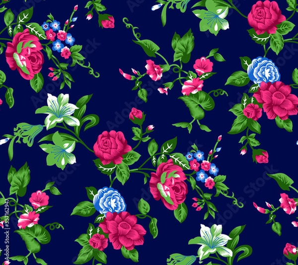 Fototapeta Seamless pattern with spring flowers and leaves. Hand drawn background. floral pattern for wallpaper or fabric.