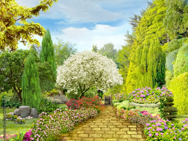 Fototapeta Path in the garden, a beautiful view with a fence and flowers