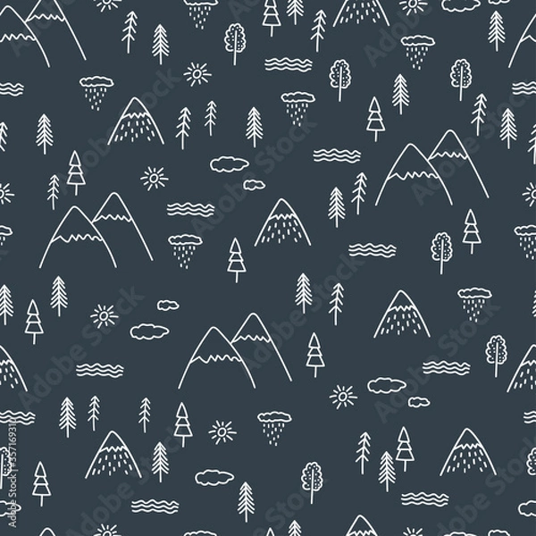 Fototapeta Mountains seamless pattern. Vector hand drawn doodle nature elements. River, pine, rain, cloud, sun. Nature concept. Wrapping paper design template. Black graphic on white background.