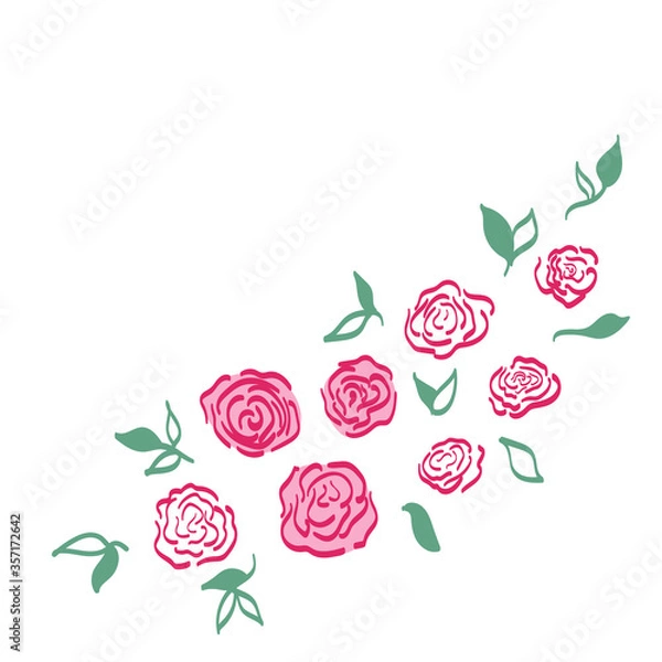 Fototapeta Vector pink roses in loose style. Wedding invitation, birthday greeting card, banner decoration. Floral elements isolated on white background. Bright vibrant doodle style sketch roses with leaves.