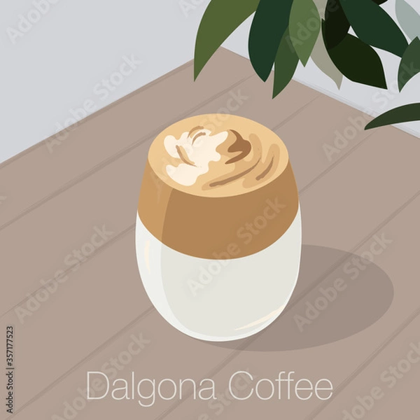Obraz Dalgona Coffee Minimalism Vector Illustration. Glass of trending Korean whipped latte in muted pastel colors palette