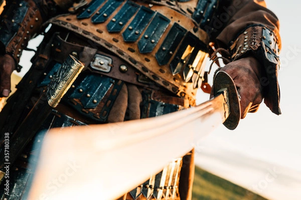 Fototapeta mongolian warrior holding sword in the sunset