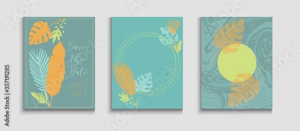Fototapeta Abstract Retro Vector Covers Set. Soft Olive Leaves Invitation Layout. 