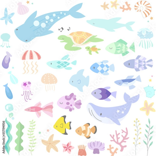 Obraz 海の生き物のイラストセット(シンプル)