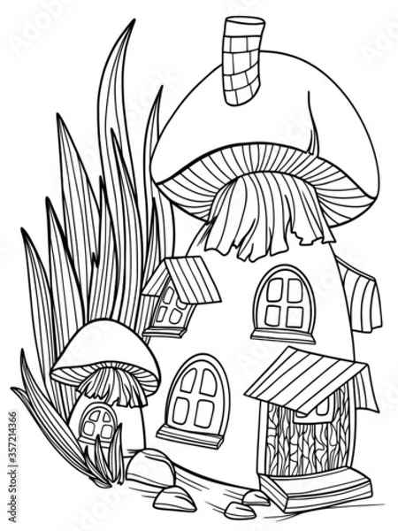 Obraz fungi houses in the grass coloring book outline graphics fantasy magical vector illustration isolate on a white background postcard for children antistress
