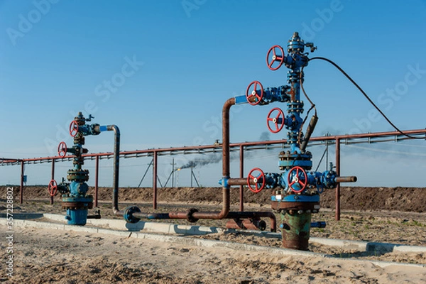 Fototapeta Petroleum well wellhead equipment. Hand valve with handwheel on the flow line. Oilfield site. Oil, gas industry concept. Industrial site background. Production oil. Multiple check valve gate armature.