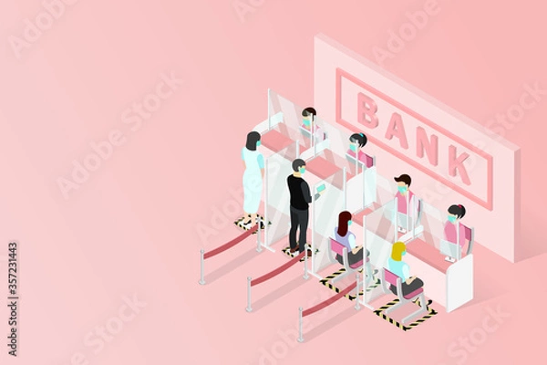 Fototapeta New normal isometric, Signs social distancing queues of people line at the bank counter, people wear face shield and face mask, Installing Plexiglas guards or sneeze guards to combat COVID-19.