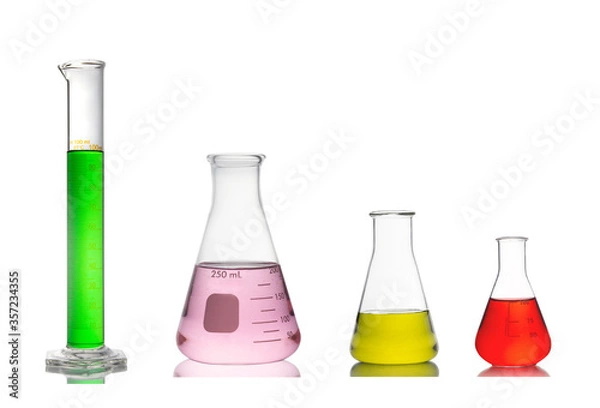 Fototapeta Group of laboratory glassware with reflection isolated on white background.