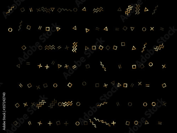 Fototapeta Memphis style geometric confetti vector background of triangle circle square shapes, chevron wavy lines.